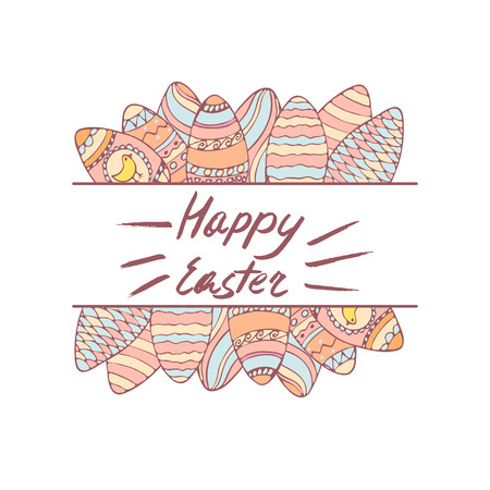 Handdrawn frame with Easter egg decoration. Hand lettering greeting phrase Happy Easter. Square frame for greetings, seasonal sales, posters, advertisement.のイラスト素材