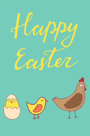 Handdrawn Easter greeting card with banny/rabit /chikend and hen/carrot/dragon. Hand lettering greeting phrase Happy Easter. Cute poster with greeting vector illustration.のイラスト素材