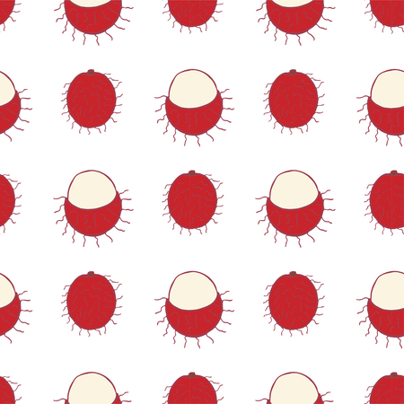Fruit rambutan seamless pattern, great design for any purposes. Hand drawn fabric texture pattern. Healthy food background. Vector flat style summer graphic. On white background.のイラスト素材