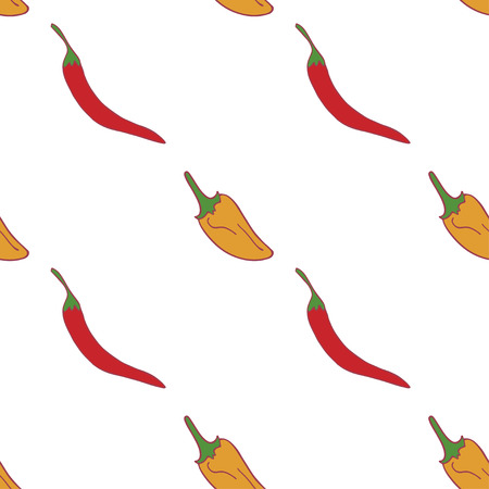 Peppers seamless pattern for wallpaper design.Two kind of pepper. Fresh ripe color food. Organic healthy vegetable. Cartoon pattern on white backdrop. Vector doodle design.のイラスト素材
