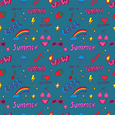 Stylish pop art seamless pattern with decoration element such strawberry, rainbow, bikini,...