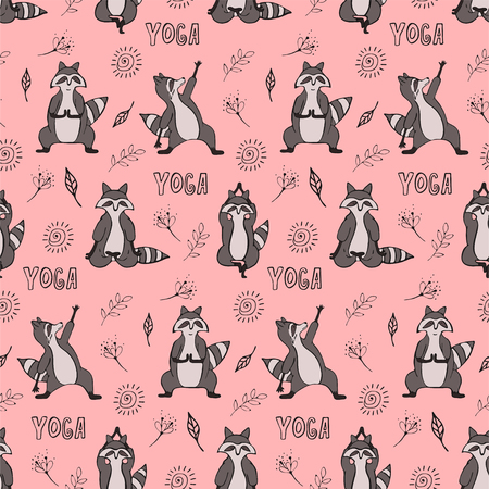 Hand drawn raccoon vector seamless pattern. Trendy graphic wallpaper, background, fabric and textile print design. Cute wildlife animal character in yoga asana.のイラスト素材