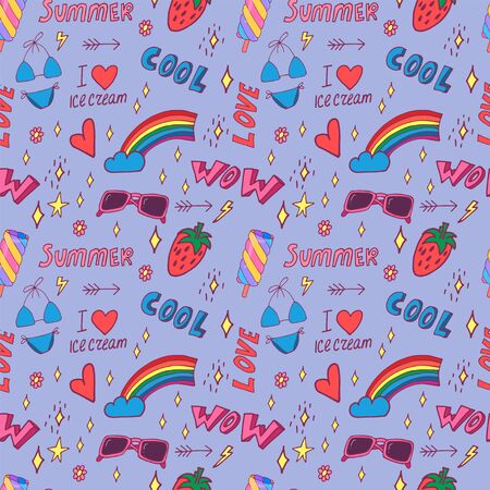 Stylish pop art seamless pattern with decoration element such strawberry, rainbow, bikini, sunglasses, icecream etc. Cartoon vector illustration for banner design on colorfull background.のイラスト素材