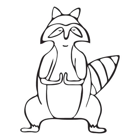 Doodle outline set of raccoon do yoga asanas for decoration design. Sketch character. Funny vector healthy concept illustration.のイラスト素材