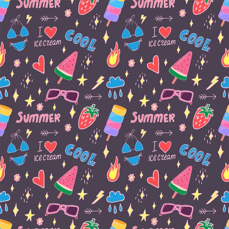 Stylish pop art seamless pattern with decoration element such strawberry, rainbow, bikini, sunglasses, icecream etc. Cartoon vector illustration for banner design on colorfull background.のイラスト素材