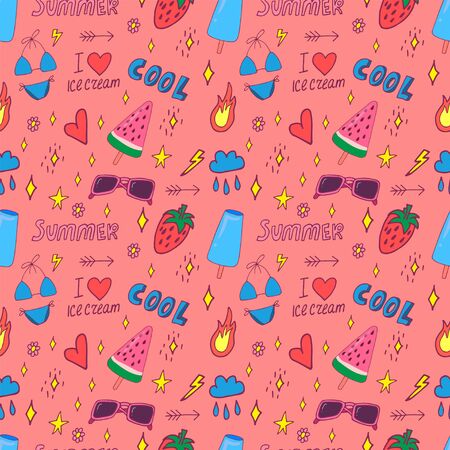 Stylish pop art seamless pattern with decoration element such strawberry, rainbow, bikini, sunglasses, icecream etc. Cartoon vector illustration for banner design on colorfull background.のイラスト素材