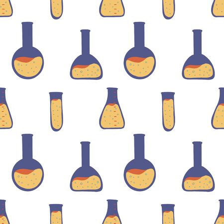 Cartoon set with chemistry test tube. Science lab equipment. Biochemistry, biotechnology. Flat glass. Education, medical illustration. Seamless vector pattern.のイラスト素材