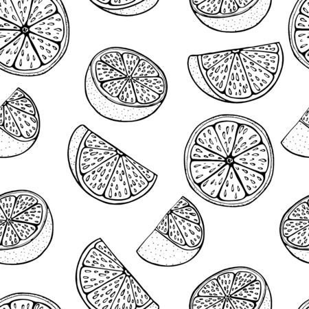 Outline orange fruit seamless pattern for textile. Natural background. Retro collection for print design. Seamless drawing vector background.のイラスト素材