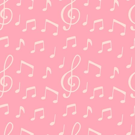 Modern cartoon illustration with music note on pink background. Seamless pattern for decoration design, fabric, packaging. Hand drawn doodle vector image.のイラスト素材