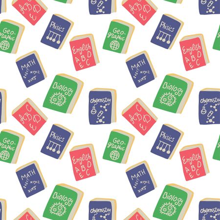 Cartoon seamless hand drawn pattern with science school book. Print, design element. Vector isolated background.のイラスト素材