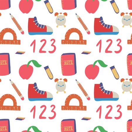 Seamless hand drawn pattern with colorful back to school on white background. Vector education illustration.のイラスト素材