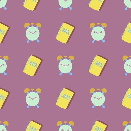 Modern hand drawn seamless pattern with alarm and yellow notebook on violet background. Abstract concept graphic vector element.のイラスト素材
