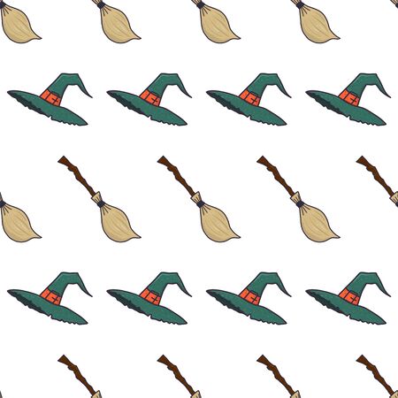 Vintage witch hat and broom halloween seamless pattern, great design for fabric, wallpaper, background, wrapping.Vector spooky paper illustration.のイラスト素材
