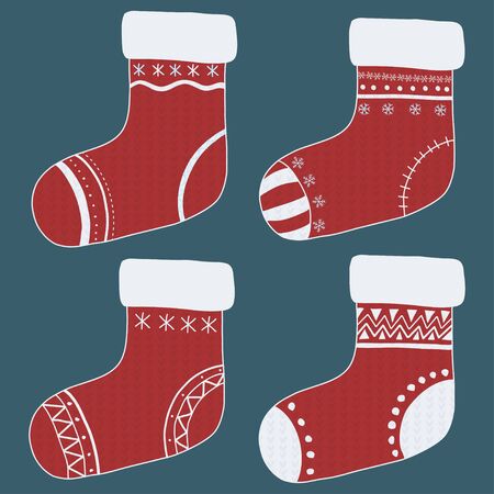 Retro cartoon template with set of christmas red socks with decorative ornament on green backdrop. Holiday design flat elements. Snowflake winter.のイラスト素材