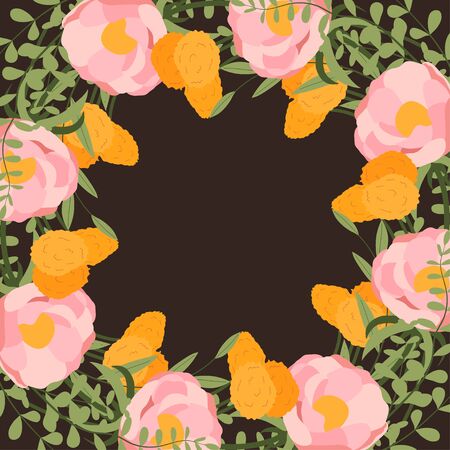 Pink peony, yellow dandelion and green leaf frame. Vector floral design card. Flower bouquet decoration.のイラスト素材