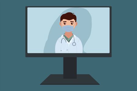 Healthcare concept illustration with online consult with doctor. Flat cartoon vector art. Surgical mask. Emergency medicine.のイラスト素材