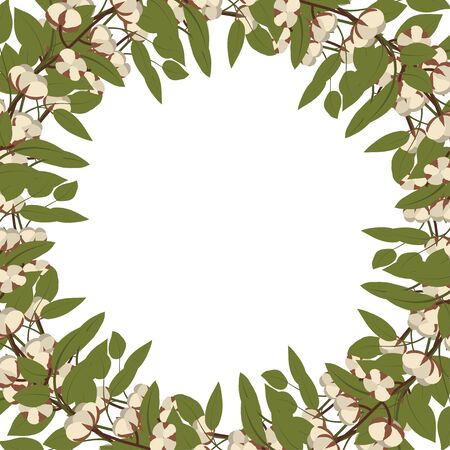 Cotton plant and green leaf frame. Vector template for invitation, greeting card.のイラスト素材
