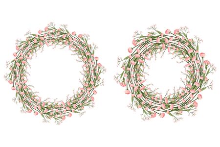 Beautiful  wreath with pink flower bunches. Botanical wallpaper. Floral circle frame for wedding, birthday invitation.のイラスト素材