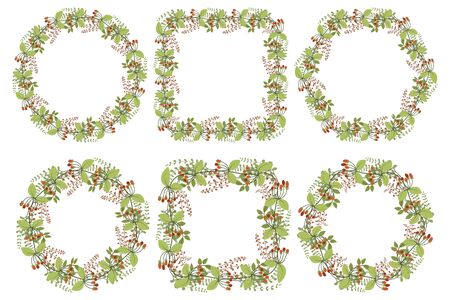 Beautiful invitation collection with green leaves and red berry wreath for celebration decoration design. Vector floral circle, square, pentagon frame.のイラスト素材