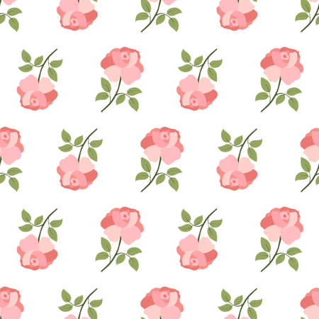 Seamless pattern with colorful pink rose flower and leaf on white background. Summer ditsy textile collection. Elegant decoration.のイラスト素材