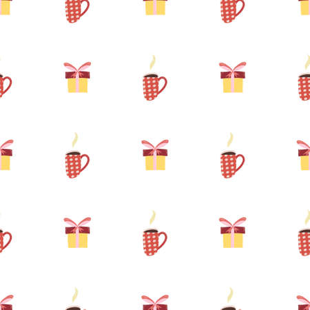 Vintage seamless pattern for decorative design with cup and gift box. Winter christmas holiday backdrop. Merry christmas background.のイラスト素材