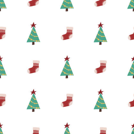 Retro seamless pattern with Christmas tree and red sock for paper and fabric design.
