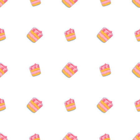 Dessert in glass seamless pattern in cartoon style on white background. Pink sweet cream and bisquit. Colorful vector illustration. Fabric pattern.の写真素材