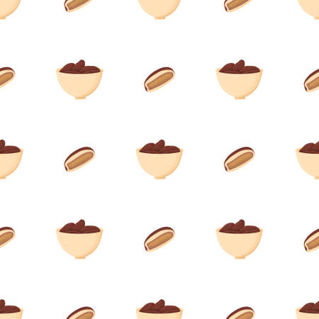 Half date fruit and bowl seamless pattern for fabric and print design. Vegetarian healthy food. Tropical backdrop. Textile ornament. Exotic oriental wallpaper.のイラスト素材