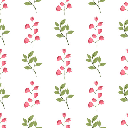 Floral seamless pattern with green leaves branch and pink sweet peas blossom. Textile, fabric ornament. Spring bloom flowers.のイラスト素材