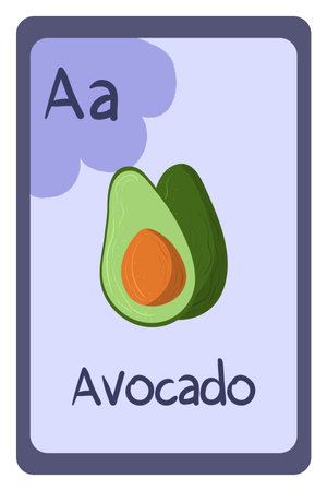 Colorful alphabet letter A - avocado. Phonics flashcard. Food themed ABC cards for teaching reading with foods, vegetables, fruits and nuts. Series of ABC.のイラスト素材
