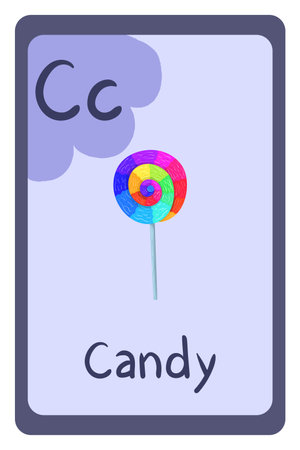 Education flash card abc, letter C - candy. Alphabet for game design. Primary school kids. Flat illustration with food, bakery, fruits, vegetables. Vector template.のイラスト素材