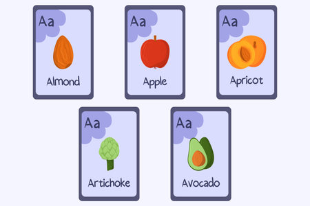 Colorful Phonics flashcard Letter A - almond, apple, apricot, artichoke, avocado. Food themed ABC cards for teaching reading with foods, vegetables, fruits and nuts. Series of ABC.のイラスト素材