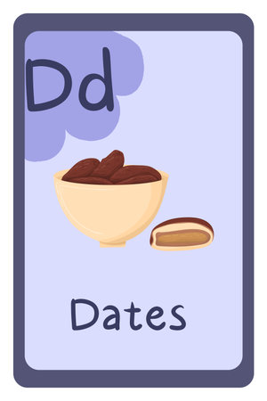 Alphabet in vector, Letter D - dates. English language. Flat colorful design template. Fruits, vegetables and food illustartion collection.のイラスト素材