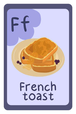 Alphabet education flash card, Letter F - french toast. Colorful abc education card. School, education, study, learning concept.のイラスト素材