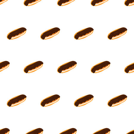 Packaging design template with colorful eclair with chocolate glaze seamless pattern. Cartoon vector illustration. Decorative print for wrapping paper, wallpaper.のイラスト素材