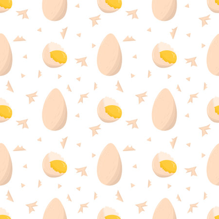 Egg whole and broken with yellow, eggshell seamless pattern. Summer, spring background. Fabric print design. Bright decoration.のイラスト素材