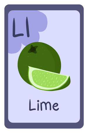Abc education flash card in cartoon style on colorful background. Letter L - lime. Green citrus fruit. Alphabet vector illustration.のイラスト素材