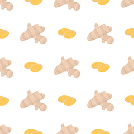 Cartoon ginger whole and slice seamless pattern for print design. Healthy food background....
