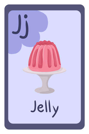 Abc food education flash card, Letter J - jelly. Cartoon design template with colorful alphabet education card. Collection on violet backdrop.のイラスト素材