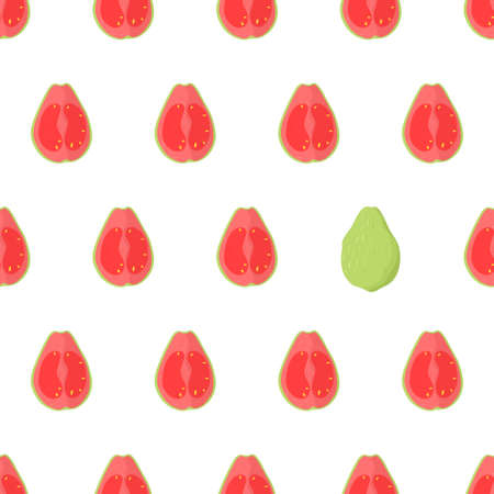 Eye catching seamless pattern with pink guava fruit cut in half with yellow seeds and one whole green. Nature food vector illustration. Organic textile. Healthy food on white background.のイラスト素材