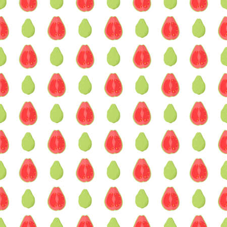 Chess seamless pattern with guava fruit cut in half pink with yellow seeds and whole green. Nature...