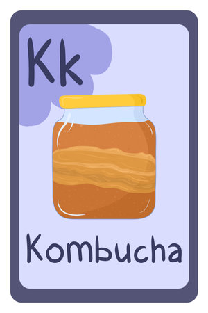Abc food education flash card, Letter K - kombucha. Cartoon design template with colorful alphabet education card. Collection on violet backdrop.のイラスト素材