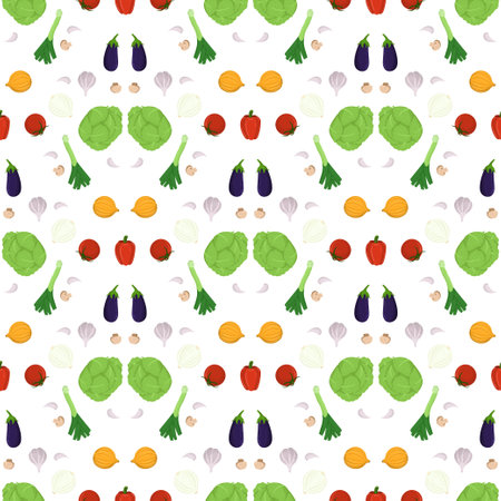 Vegetable geometric seamless pattern. Tomato cabbage lettuce garlic onion pepper. Fabric print texture. Creative colorful decoration. Healthy food background. Abstract modern print.の写真素材