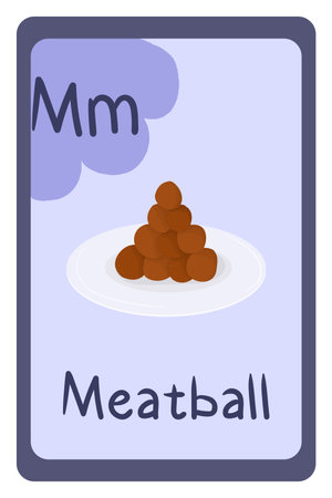Colorful abc education flash card, Letter M - meatball. Alphabet vector illustration with food, fruits and vegetable. School, study, learning concept.のイラスト素材