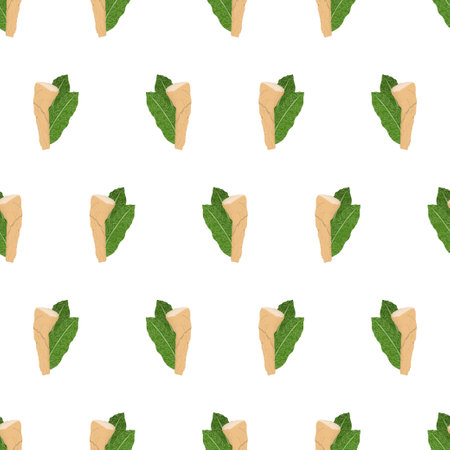 Seamless pattern with green leaf behind horseradish root. Vector nature graphic background. Natural textile.のイラスト素材