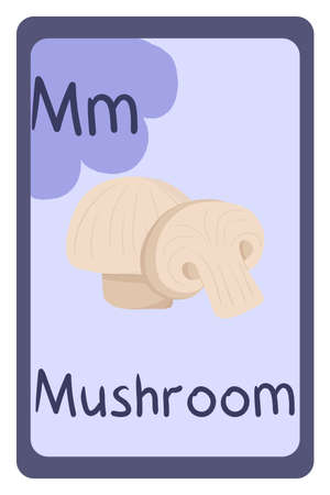 Colorful abc education flash card, Letter M - mushroom. Alphabet vector illustration with food, fruits and vegetable. School, study, learning concept.のイラスト素材