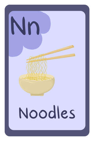 Colorful abc education flash card, Letter N - noodle in plate with stick, asian food. Alphabet vector illustration with food, fruits and vegetables. School, study, learning concept.のイラスト素材