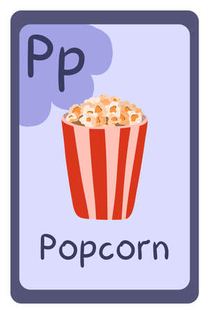 Colorful abc education flash card, Letter P - popcorn in bucket. Alphabet vector illustration with food, fruits and vegetables. School, study, learning concept.のイラスト素材