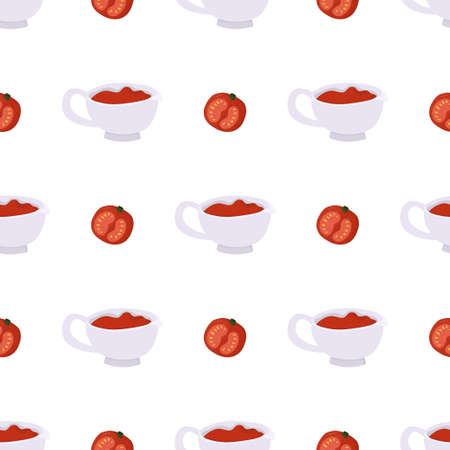 Cartoon seamless pattern for paper design with sauceboat with ketchup and sliced tomato. Colorful background.のイラスト素材