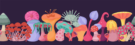 Fantasy alien mushroom seamless border. Fantastic concept art for decorative design.のイラスト素材